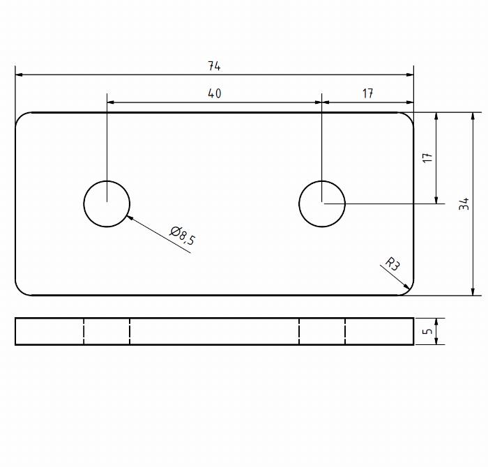 Verbinderplatte Alu gelasert 34x74x5 2-Loch 40er